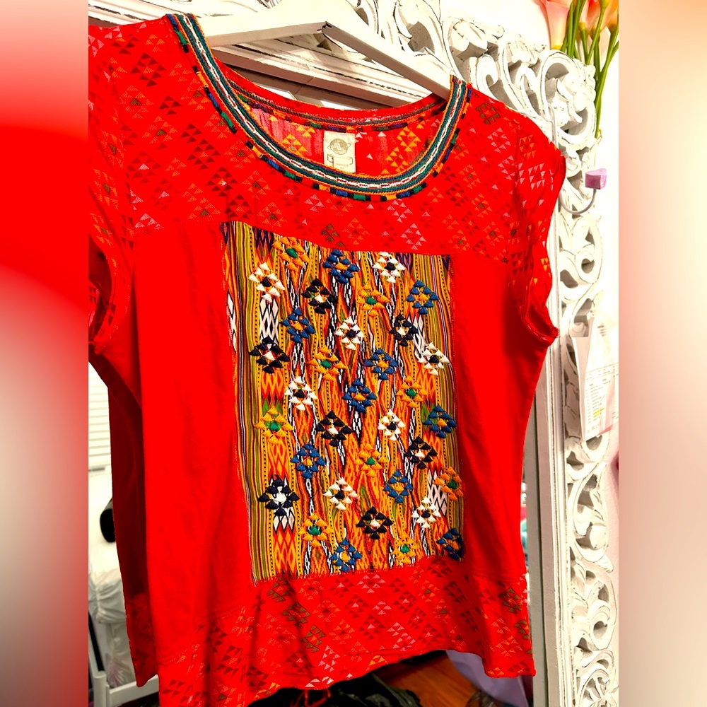 Anthropologie embroidered red orange top shirt size small